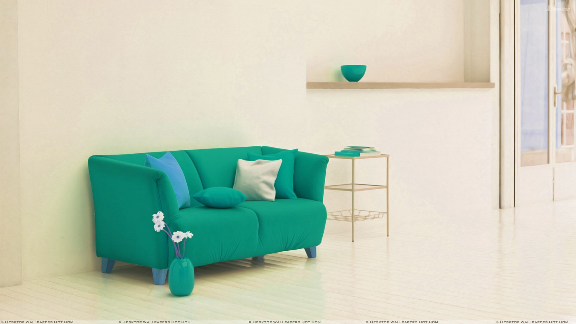 Green Sofa Near Rack And White Background